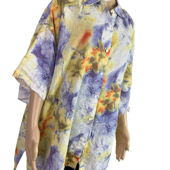 Go Silk Women 2X Beach Blouse Boho Tropical Altered Short Sleeve Linen Button Up - Picture 4 of 13